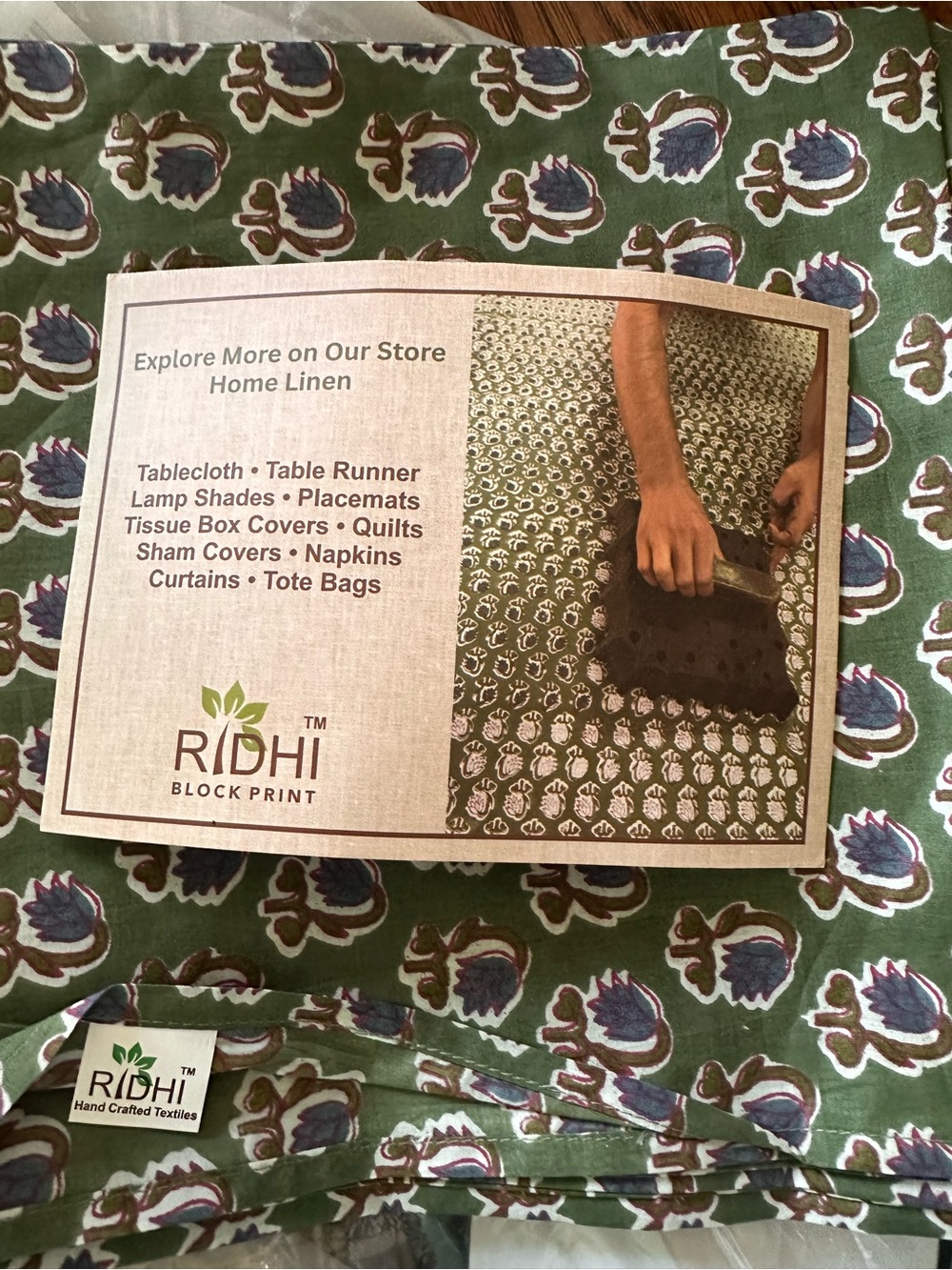 RIDHI Handcrafted Green Floral Block-Print Napkins-8 pc.   NEW